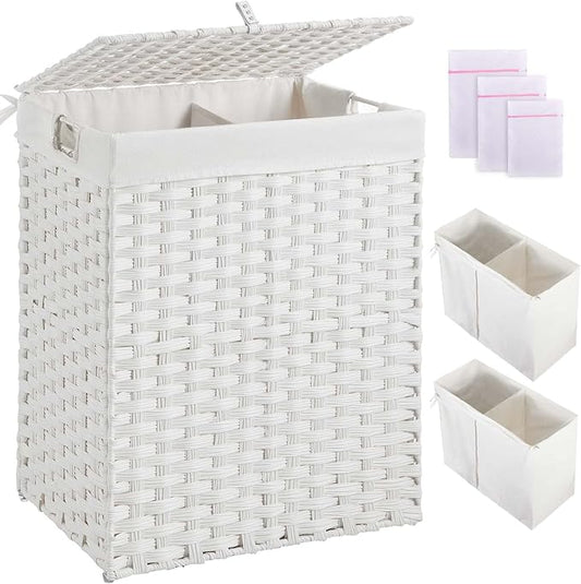 Greenstell Laundry Hamper with 2 Removable Liner Bags，90L Divided Clothes Hamper, Handwoven Synthetic Rattan Foldable Laundry Basket with Lid and Handles White (18.5 x 13.3 x 24.0Inches)