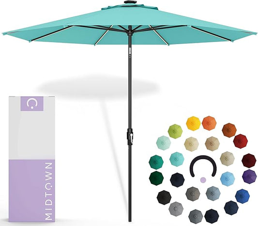 Midtown Umbrellas Led Swilt Sunbrella Umbrella 9 Ft Patio Umbrella With Sunbrella Aruba Acrylic Fabric - Deck Patio Umbrella, Backyard Umbrella, Garden Umbrella & Pool Umbrella - Black Pole