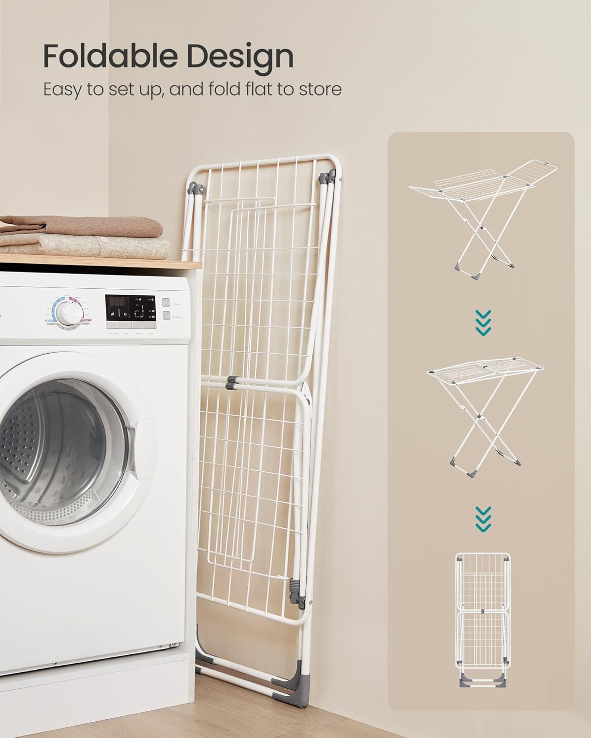 SONGMICS Clothes Drying Rack, Metal Laundry Drying Rack, Foldable, Space-Saving, Free-Standing Airer, with 4 Gullwings, Indoor Outdoor Use, Bed Linen Clothing, White ULLR541W01