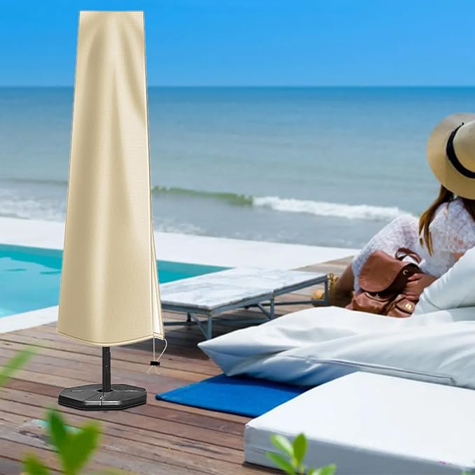 OKPOW Patio Umbrella Cover for 9ft to 12ft Outdoor Umbrellas - 420D Waterproof Garden Market Umbrella Cover Outside Parasol Covers with Zipper for Deck Pool Beach Umbrellas, Khaki