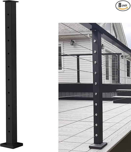 Cable Railing Post - Stainless Steel Square Fence Post for Deck Cable Railing System, Flat top 36"x 2"x2"- 10 Holes Level Pre-Drilled, Matte Black