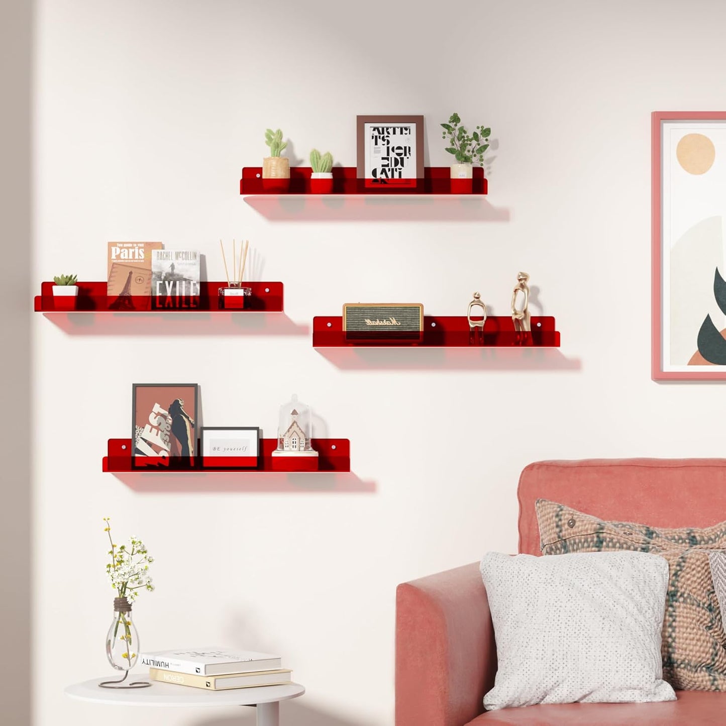 upsimples Acrylic Shelves for Wall Decor, 15" Display Shelf Perfume Organizer for Bathroom, Bedroom, Living Room, Floating Bookshelves for Kids, Clear Red, 4 Pack