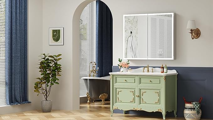 36"×30" Lighted Medicine Cabinet with Mirror, Surface or Recessed Bathroom Mirror Medicine Cabinet with Clock & Temp Display, Defogger, Dimming, Built-in Outlet & USB Ports, Double Door