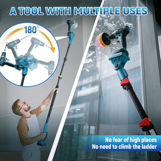Cordless Telescoping Cleaning Tools&Power Drill with 2-Max 20V Batteries and 2.0A Charger 2-in-1 Cordless Pole Drill 5.3 to 15-Feet with 180° Telescoping Pole Include 7Pcs Drill Brushes