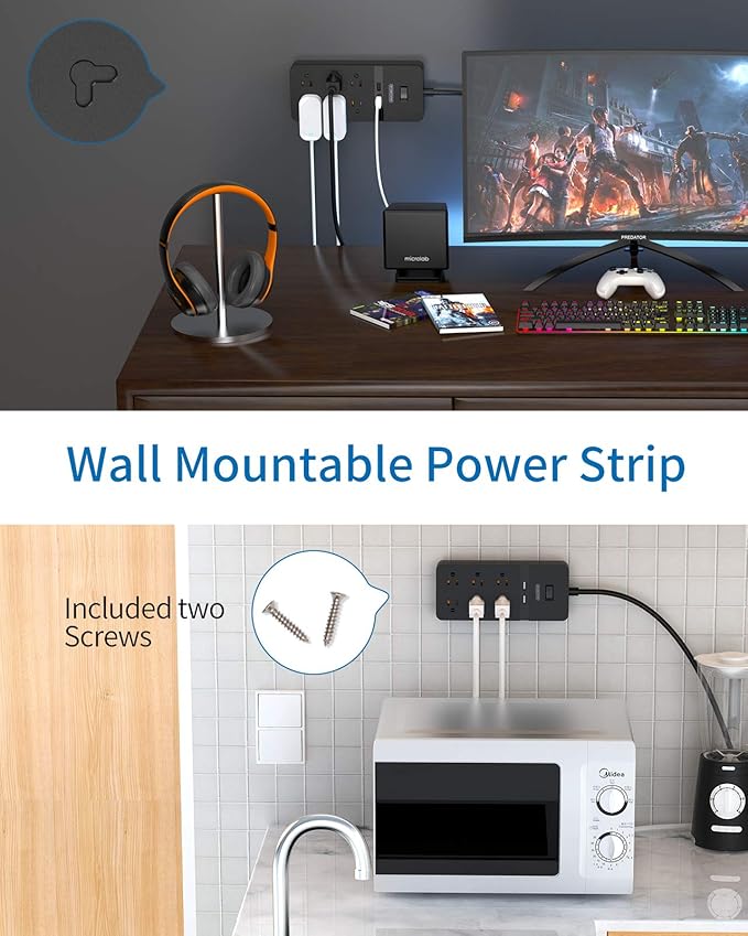 2 Prong Surge Protector Power Strip with 10ft Extension Cord, NTONPOWER 2 Prong to 3 Prong Outlet Adapter with 6 Outlets 2 USB Ports, 2100J Surge Protector Wall Mount for Old House Non-Grounded Outlet