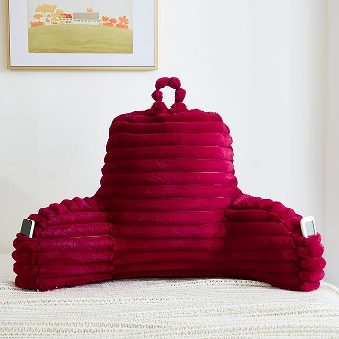 Faux Fur Fluffy Burgundy Reading Pillow with Pockets, Luxury Striped Plush Decorative, Arm Rests and Back Surport for Bed Rest, Lounging on sofa, Large