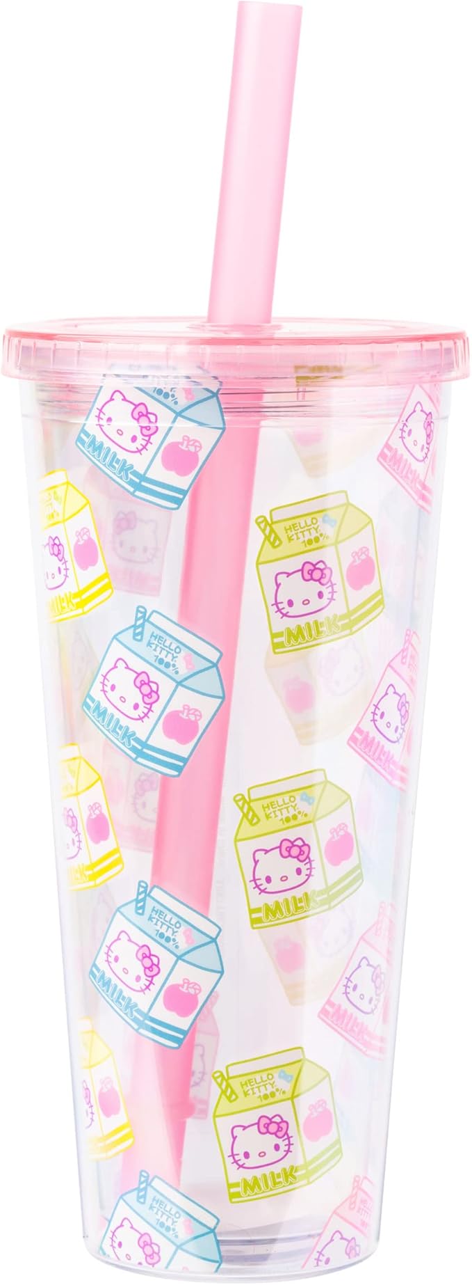 Silver Buffalo Sanrio Hello Kitty Milk Carton Pattern Plastic Boba Tumbler w Lid and Wide Straw, 24 Ounces