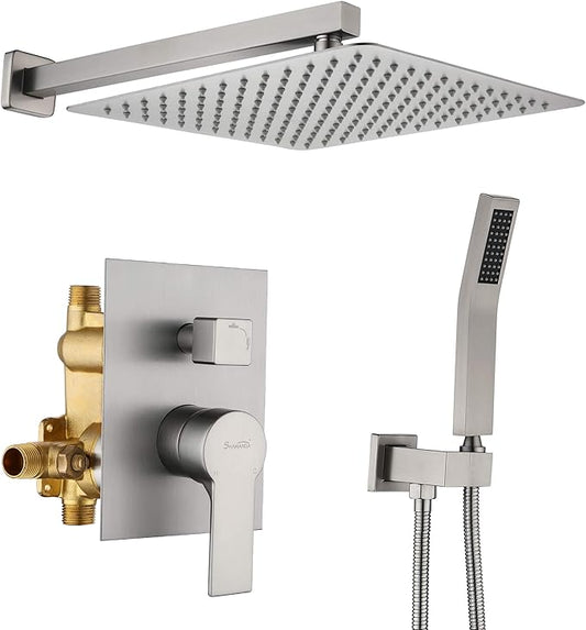 SHAMANDA Bathroom Rain Shower System, 12 Inch Luxuly Shower Head and Handheld Shower Faucet Combo Set Brushed Nickel(Including Rough-In Valve Body and Trim), Wall Mount, L7001-2