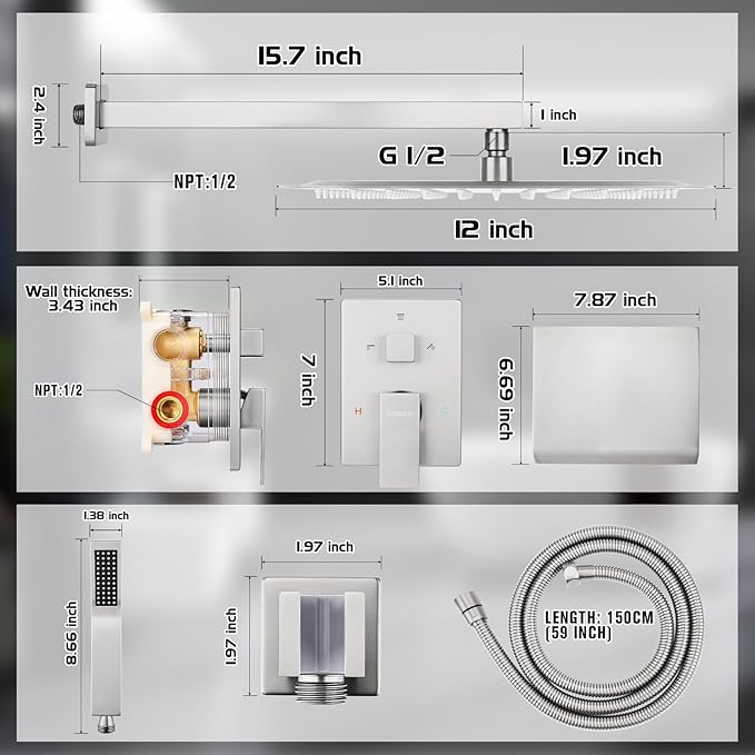 12 Inch Rainfall Shower System with Tub Spout Wall Mounted Complete Combo with Solid Brass Pressure Balancing Valve, High Pressure Shower Head, Handle Set & Installation Accessories