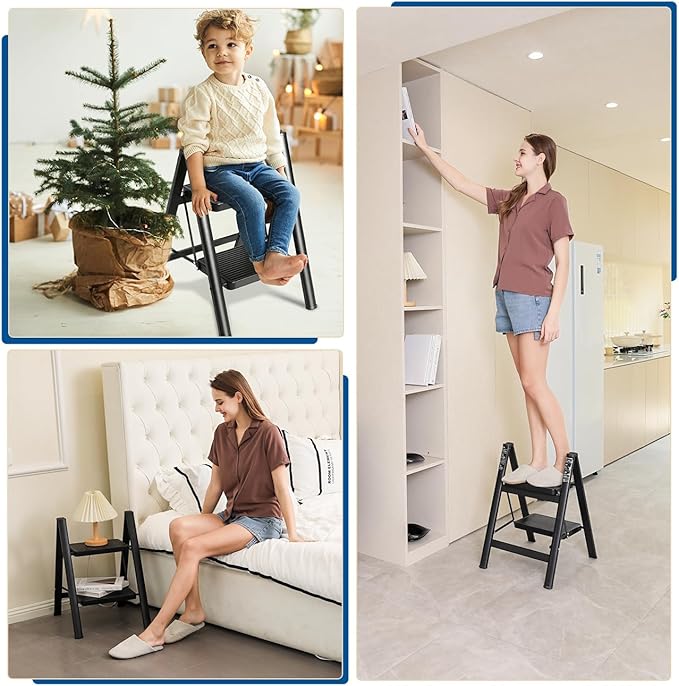 Double Elite Step Ladder 2 Step Folding, Sturdy 330 Lbs Load Folding Step Stool for Adults, Safer Full Steel Frame, Multi-use Closet/Home Kitchen Small Step Ladder with Wide Pedals, Black