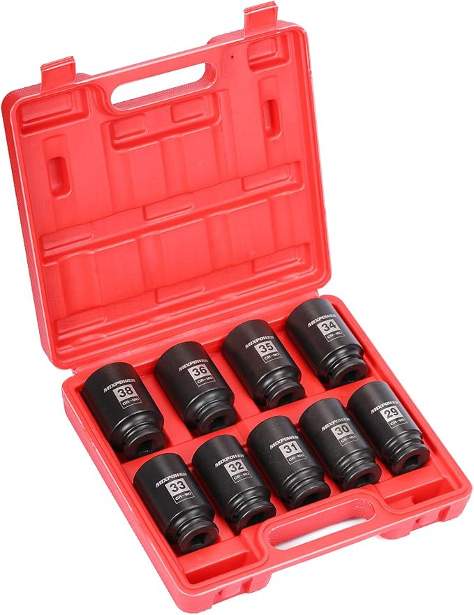 MIXPOWER 1/2- Inch Drive Deep Impact Socket Set, 6 Point, CR-MO, Metric, 29mm-38mm, 9-Piece 1/2" Dr. Deep Spindle Axle Nut Impact Socket Set