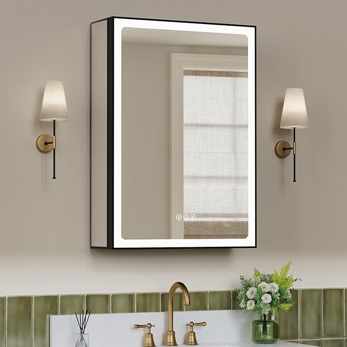 24x30 Inch Medicine Cabinet with Mirror, Recessed or Surface Mount Bathroom Medicine Cabinet with LED Lights, Anti-Fog, Adjustable Shelf, Dimmable Light, Outlets & USB,ETL Listed, Black