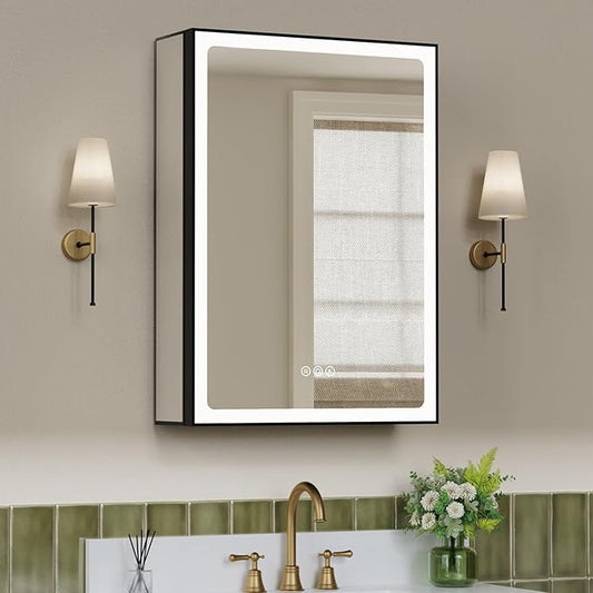 20x28 Inch Medicine Cabinet with Lights and Mirror, Recessed or Surface Mount LED Bathroom Medicine Cabinet, Anti-Fog, Adjustable Shelf, Dimmable Light, Outlets & USB, ETL Listed, Left Hinge,Black