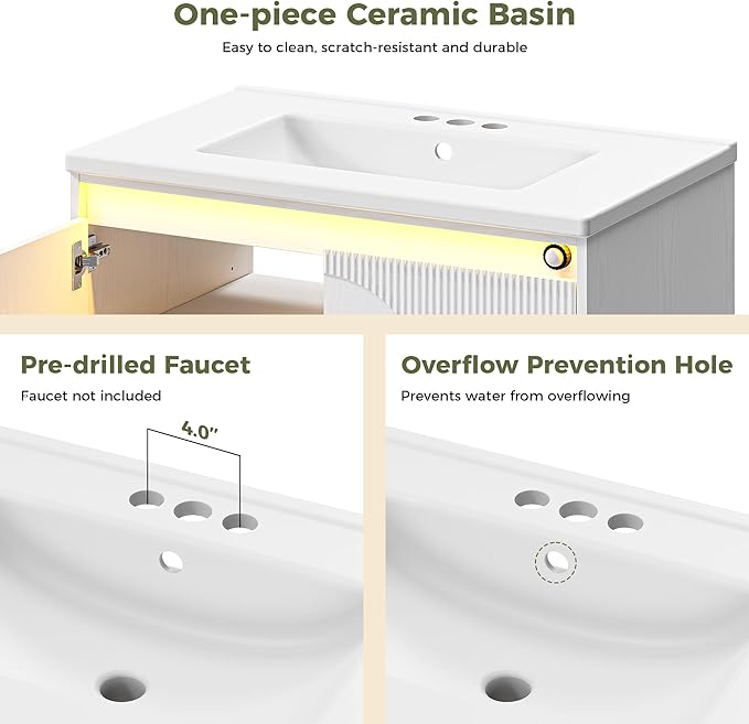 IRONCK Floating Bathroom Vanity with Sink, Mirror Medicine Cabinet, LED Strip Light, 30 Inches Modern Wall Mounted Sink Cabinets & Mirror Cabinets Set with Large Storage Space, White