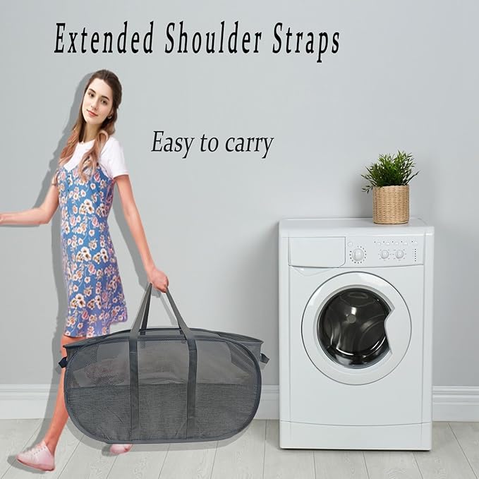 Extra Large Mesh Pop Up Laundry Hamper 2 Pack,100L Collapsible Laundry Baskets, Dirty Clothes Hamper with Reinforced Handles, Folding Hampers for Travel, Nursery, Dorm or Home. Black