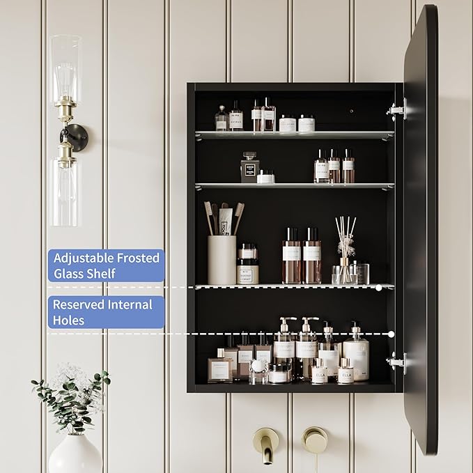 Vintage-Style Bathroom Wood Black Cabinet with 17.5''x29'' Curved Mirror, Recessed Medicine Cabinet, Bathroom Storage Cabinet