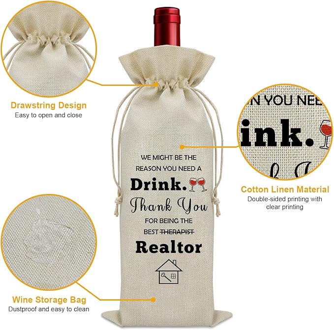 Realtor Gifts for Women Agent Wine Bag Thank You Gifts for Clients Real Estate Therapist Gifts for Men Wine Bottle Storage Bag Housewarming Gifts for Her Wine Accessories Gifts for Wine Lovers(Beige)