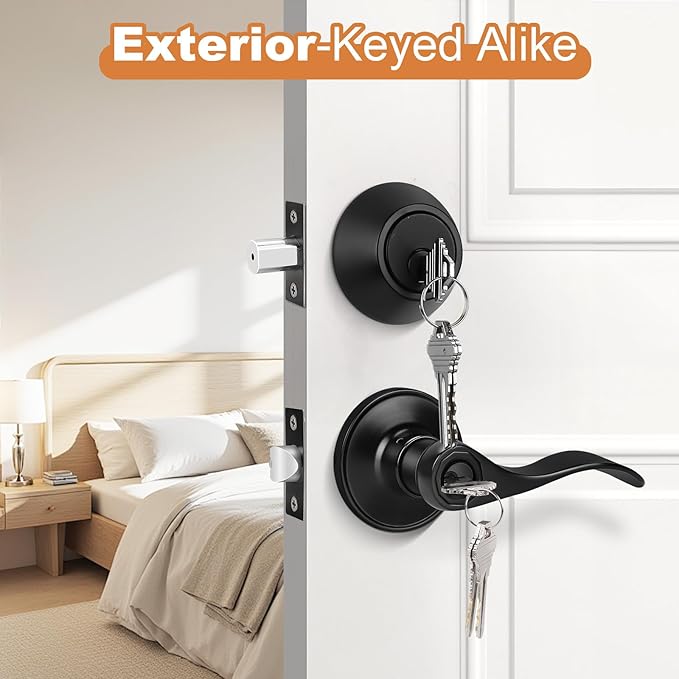 Probrico Front Door Entry Lever Lockset, Single Cylinder Deadbolt Combination Set, Flat Black Finish Keyed Alike Combo, Reversible for Right and Left Side 1Pack