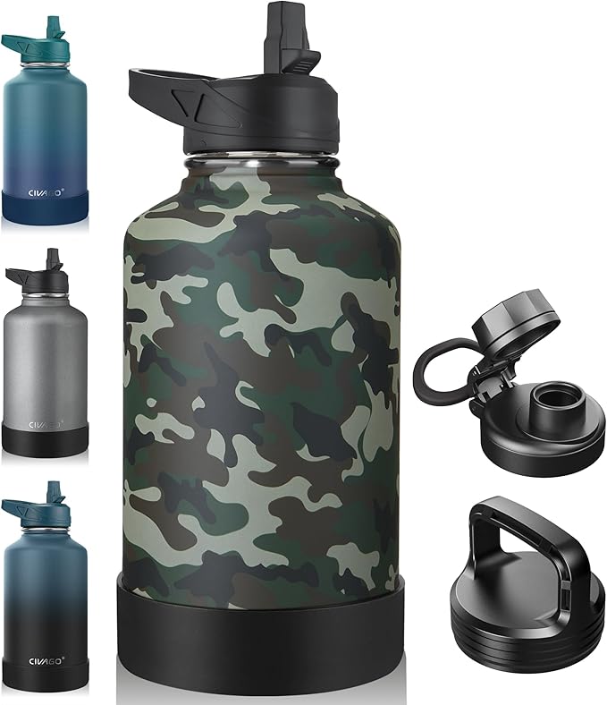 CIVAGO 64 oz Insulated Water Bottle With Straw, Half Gallon Stainless Steel Sports Water Flask Jug with 3 Lids (Straw, Spout and Handle Lid), Large Metal Thermal Cup Mug, Camo