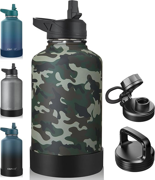 CIVAGO 64 oz Insulated Water Bottle With Straw, Half Gallon Stainless Steel Sports Water Flask Jug with 3 Lids (Straw, Spout and Handle Lid), Large Metal Thermal Cup Mug, Camo