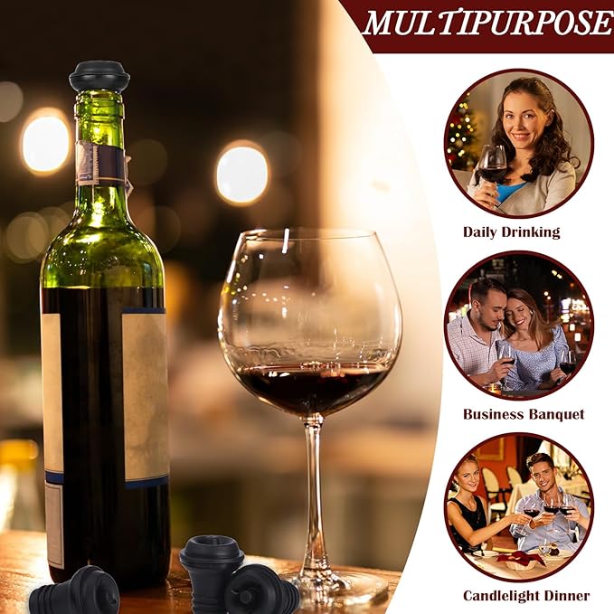 Honoson Wine Stopper Resealable Wine Pump Vacuum Stoppers Vacuum Wine Stopper Silicone Wine Saver Stoppers Practical Wine Saver Stoppers for Kitchen Supplies Wine Bottle Tools (Black,6 Pieces)