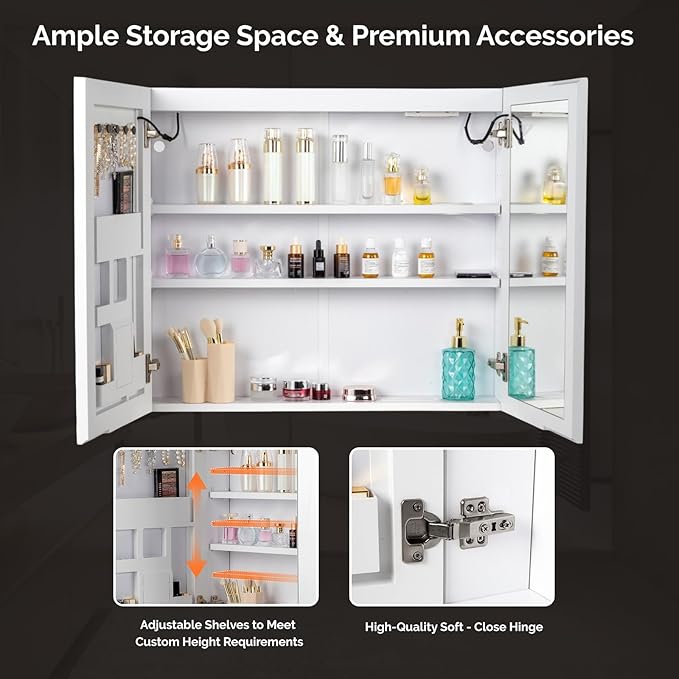 VINGLI Lighted Medicine Cabinet with Mirror Bathroom Mirror Medicine Cabinet Wall Mounted with Storage LED Lights Charging Station Defogger Modern Bathroom Mirrors for over Sink with Storage (32"*28")