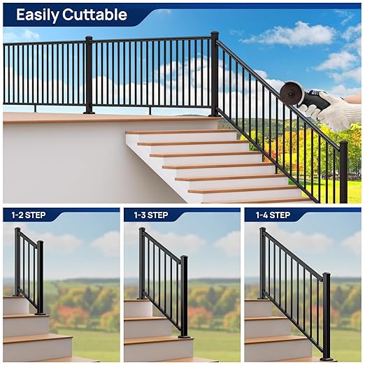 1 Pack 36 in. H x 8 ft. W Porch and Deck Railing Kit Without Post, Aluminum Stair Railing Kit, Black Textured Powder-Coat Finish Railing System for Concrete Steps or Wooden Stairs (1 Panel)