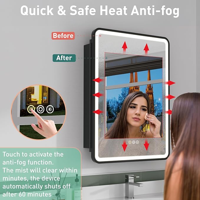 20x28 Inch Medicine Cabinet with Mirror, Recessed or Surface Mount Bathroom Medicine Cabinet with LED Lights, Anti-Fog, Memory Function, Adjustable Shelf, Dimmable Light, ETL Listed, Black,Left Hinge