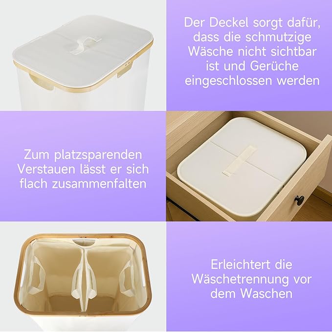 145L Double Laundry Basket with Lid, 2 Section Dirty Clothes Hamper with 2 Removable Bags for Bedroom, Bathroom, Dorm, Beige