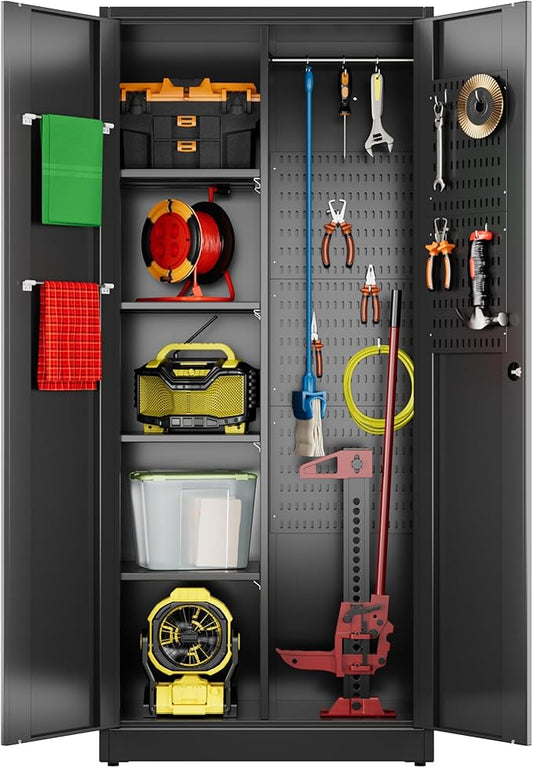 61.61" H Metal Broom Closet Storage Cabinets with Pegboards and Hooks,Utility Closet Storage Cabinet with Hanging Rod and Adjustable Shelves for Garage,Laundry Room,Utility Room,Warehouse