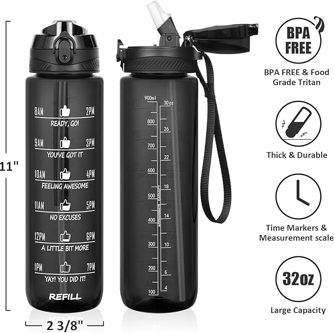 Fimibuke 32 oz Water Bottle with Sleeve - BPA Free Leakproof Sport Large 1L Plastic Motivational Water Bottle with Straw Strap & Insulated Neoprene Holder Carrier Bag Great Xmas Gift for Women Men