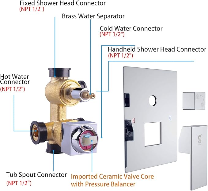 SR SUN RISE 12 Inches All Metal Bathtub Faucet Set Shower System with Tub Spout Rainfall Shower Head and Handheld Combo Modern Shower Fixtures Include Valve and Trim Kit, Polished Chrome