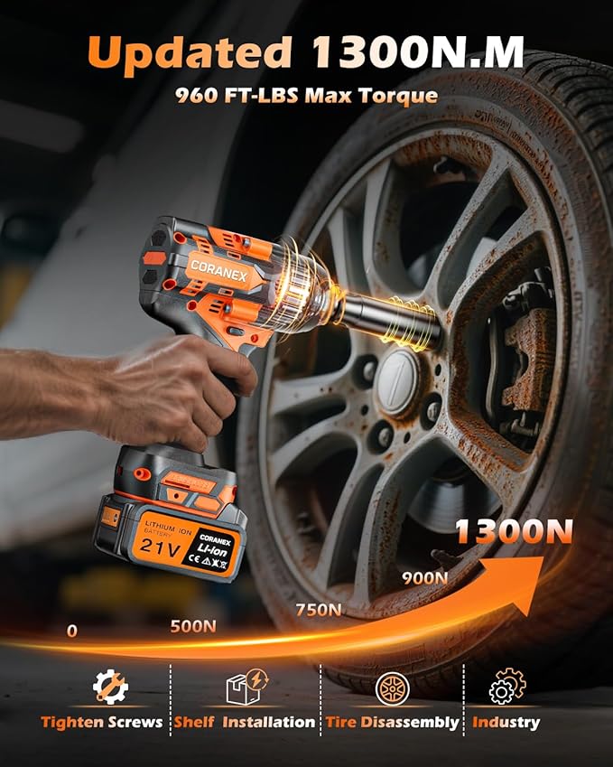 1/2" Cordless Impact Wrench | 1300N.m (960ft-lbs) | 2x4.0Ah Batteries - Longer Runtime | Fast Charger | Variable Speed Control | Brushless Motor High Torque Impact Gun for Auto Repair, Home
