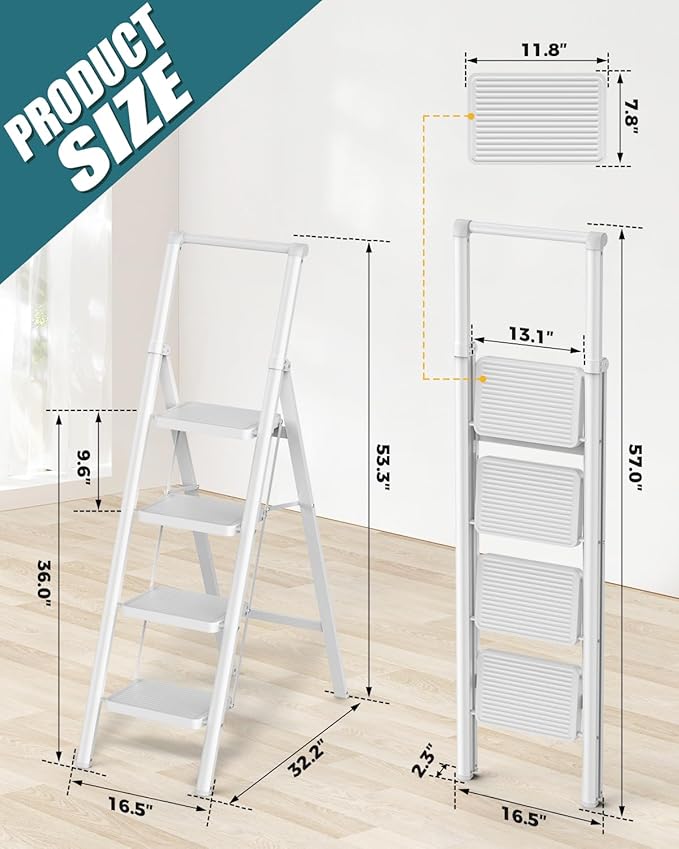GORWARE 4 Step Ladder, Foldable Step Stools 330lbs Lightweight Sturdy Steel Ladder, Portable Folding Stepladder for Home Kitchen Office Garden, White