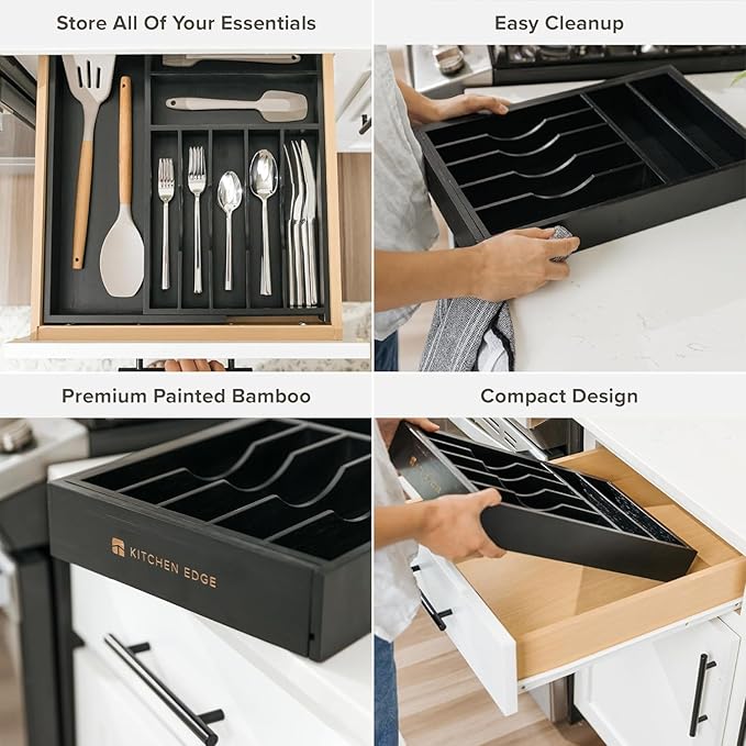 KitchenEdge Premium Silverware, Flatware and Utensil Organizer for Kitchen Drawers, Food-Safe Contract Grade, Expandable from 10.5 to 19 In, Black Bamboo