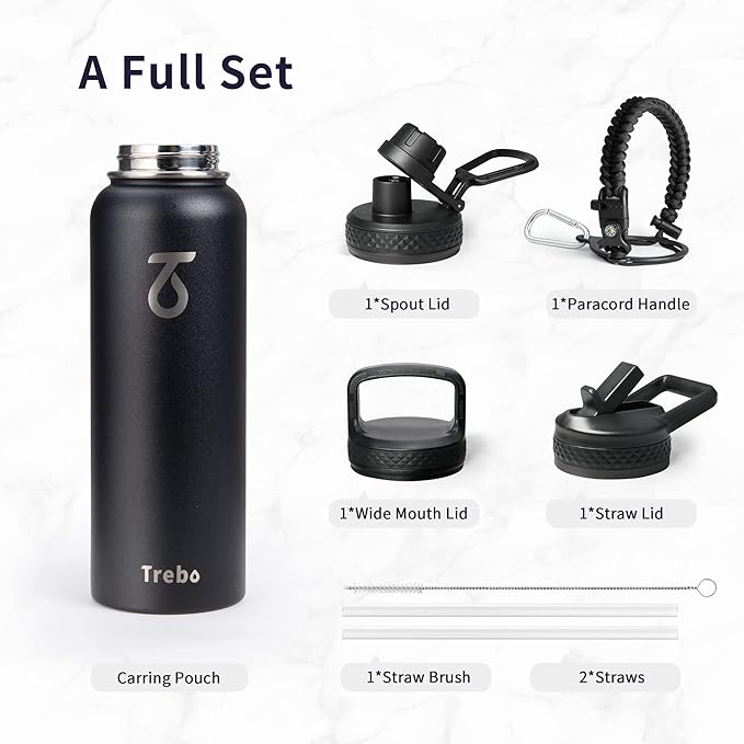 Trebo 40oz Water Bottle Insulated with Lid and Straw,Double Wall Vacuum Stainless Steel Metal Tumbler Sports Flask with Paracord Handle, Keep Hot 24 Hours & Cold 48 Hours Water Jug with 3 Lids, Black