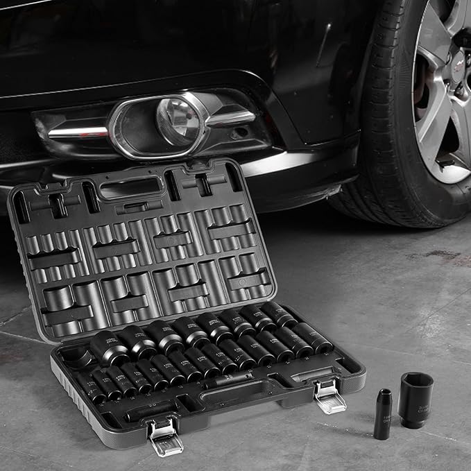 VEVOR Impact Socket Set, 26pcs x 1/2inch Metric 10mm-36mm Impact Sockets, 6-Point Deep Socket Rugged Construction High-torque, Cr-V 1/2 Inches Drive Socket Set Impact with a Storage Cage