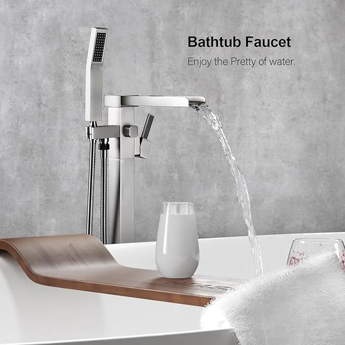 BAGNOLUX Solid Brass Floor Mount Bathtub Faucet Free Standing Tub Faucet Freestanding Tub Filler Brushed Nickel High Flow Rate Swivel Spout with Hand Shower, ‎YGSLT-Waterfall Brushed Nickel