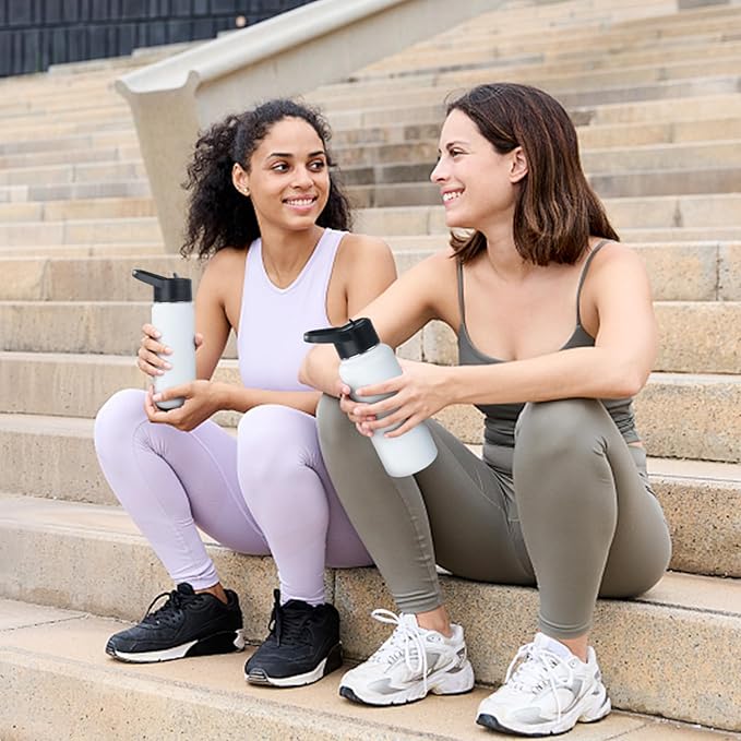 Stainless Steel Water bottle with Straw & Wide Mouth Lid, Wide Rotating Handle, 24oz Double Wall Vacuum Insulated Water Bottle Leak Proof, BPA Free, Keep Cold and Hot, 24oz, White