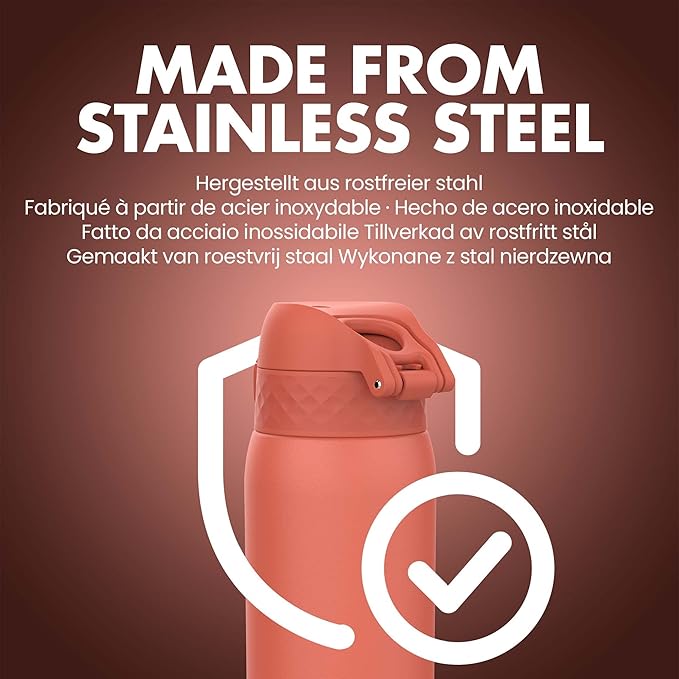 Ion8 Kids Water Bottle, Steel 400 ml/13 oz, Leak Proof, Easy to Open, Secure Lock, Dishwasher Safe, Hygienic Flip Cover, Carry Handle, Easy Clean, Durable, Scratch Resistant, Carbon Neutral, Dark Red