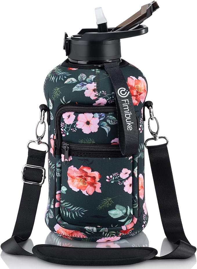 Fimibuke Half Gallon Water Bottle with Sleeve 64 OZ Water Bottle with Handle & Straw Leakproof Motivational Sports Gym Water Bottle with Time Marker BPA Free Water Jug with Reusable Neoprene Holder