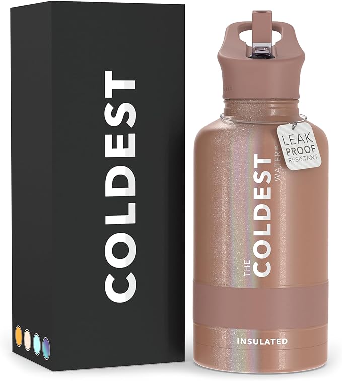 Coldest Sports Water Bottle with Straw Lid Vacuum Insulated Stainless Steel Metal Bottles Leak Proof Flask for Sports Gym (64 oz, Golden Rose Glitter)