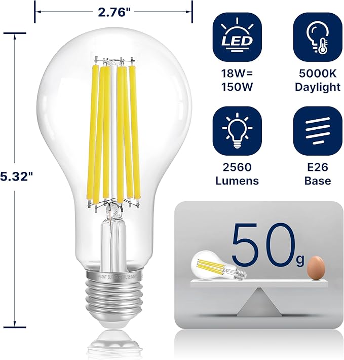 FLSNT 150W Equivalent LED Light Bulbs, 5000K Daylight Dimmable A23 LED Edison Bulbs, 2650Lumens, Efficient 18W, E26 Base, 4 Pack