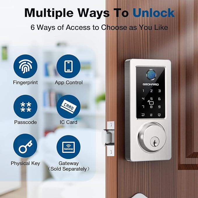 Fingerprint Keyless Entry Door Lock 6-in-1, Electronic Deadbolt with Auto-Lock, Anti-Peeping Smart Key for Front Door, IP65 Waterproof Front Smart Lock Deadbolt for Home
