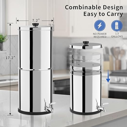 Gravity-Fed Water Filter System 1.5G Stainless Steel Countertop Water Filtration System with 2 Carbon Filters Reduce Lead and 99% Chlorine Conforms to NSF/ANSI 42&372 Standards Portable