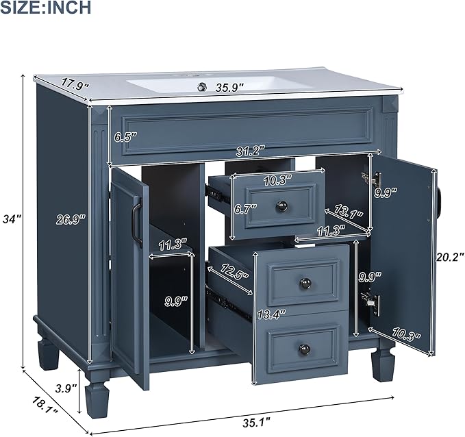 Merax 36” Bathroom Vanity with Sink, Freestanding Single Bathroom Sink Vanity Cabinet Set with 36” Countertop & Integrated Sink, 2 Doors & 2 Drawers (Sink Cabinet Only, Blue)