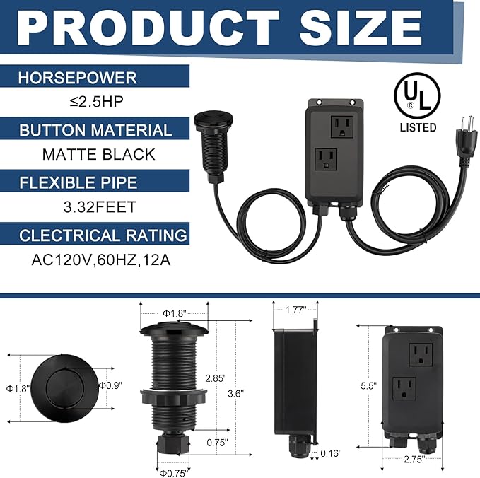 Garbage Disposal Air Switch Kit Dual Outlet Sink Top Waste Disposal On/off Stainless Steel Satin Nickel Button Extra Long Food and Waste Disposer, UL List (Black)