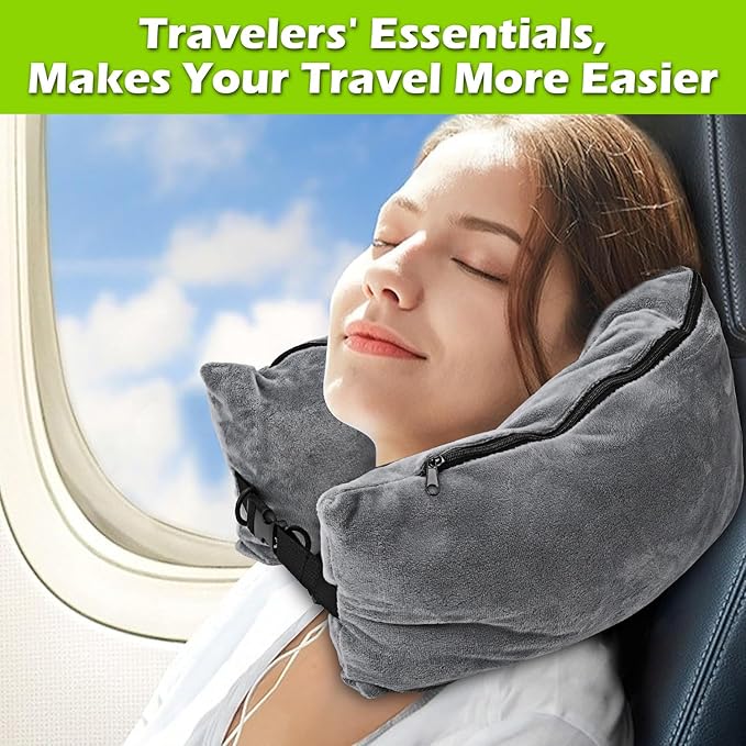 Travel Neck Pillow Stuffable with Clothes,Stuffable Neck Pillow for Traveling,Fillable Travel Neck Pillow Extra Storage Bag,Soft Velvet Neck Pillow Case Cover,Packable for Airplane Travel Essentials