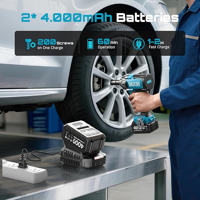 Seesii [2025 Upgraded] Impact Wrench 885Ft-lbs (1200N·m): 1/2" Cordless Impact Gun with Detachable Handle, 21V High Torque Power Impact Driver 2x 4.0Ah Batteries for Family Car/Pickup Truck/Mower