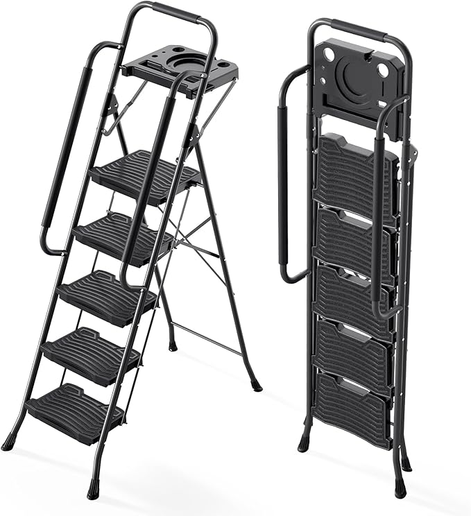 KINGRACK 5 Step Ladder with Tool Platform, 900 lbs Sturdy Step Stool with Handrail, Folding Steel Ladder with Wide Pedal, Safety Ladder for Adults Home Outdoor Painting Garage Office